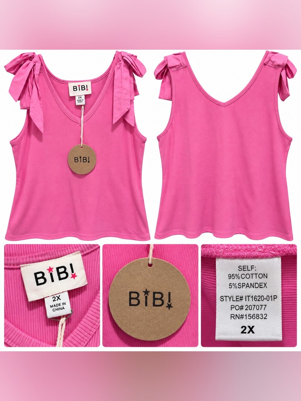 BIBI Pink Bow Shoulder Tank Top Plus Size 2X NWT Stretchy